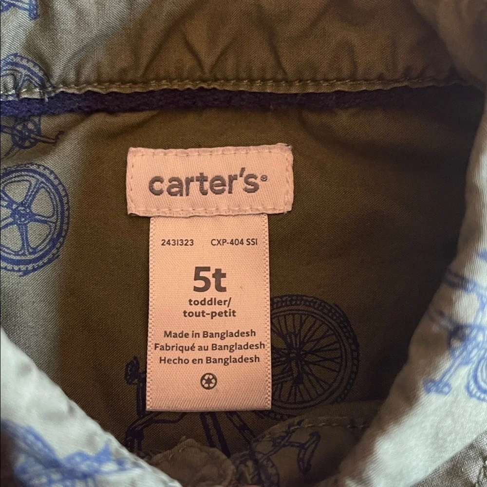 Carter's Olive Green Bicycle Print Button Down Shirt SZ 5T